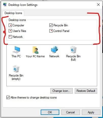 The Desktop Icon Settings: Control Panel, This PC, Network, and My Documents.