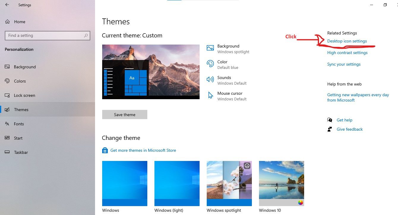 On the Theme Menu_ Under related settings_Click the Desktop Icon Setings on the right.