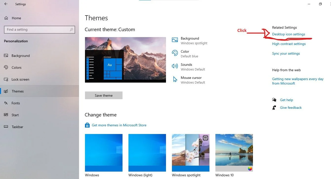 On the Theme Menu_ Under related settings_Click the Desktop Icon Setings on the right.