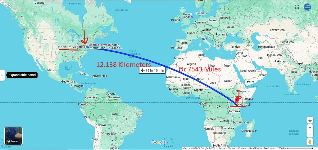 Distance between Nairobi Kenya and Northern Virginia USA.