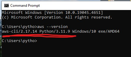 AWS CLI version 2 has been installed successfully on the Windows 10 machine.